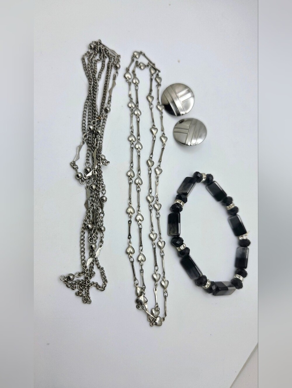Silver-Tone Necklaces Black Bead Bracelet Clip On Earrings Jewelry Set